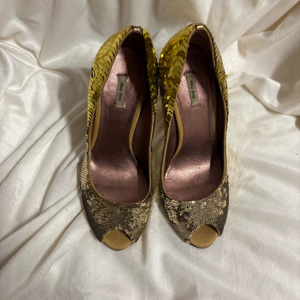 Miu Miu Gold Sequin Peep-Toe Heels - Picture 4 of 7